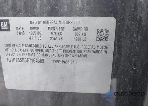 2015 Chevrolet Cruze Lt from USA, damaged, VIN 1G1PE5SB5F7164669